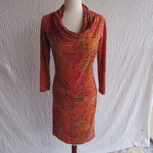 Natori Cowl Neck Dress XS Funky Pebble Printed Snake Print Coral Gold Red 3/4